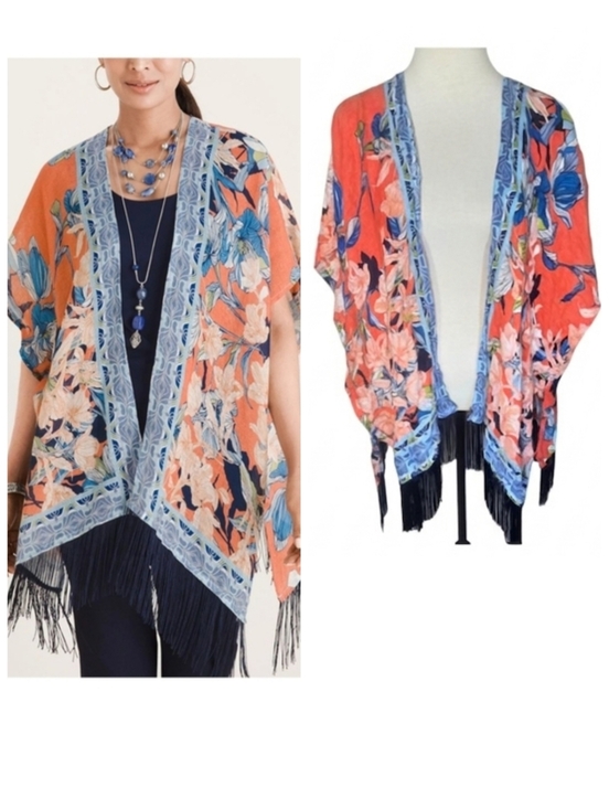 Chico's Tops - Chico's Floral Kimono Topper Ruana Fringe Orange Blue Black Size Small/Medium